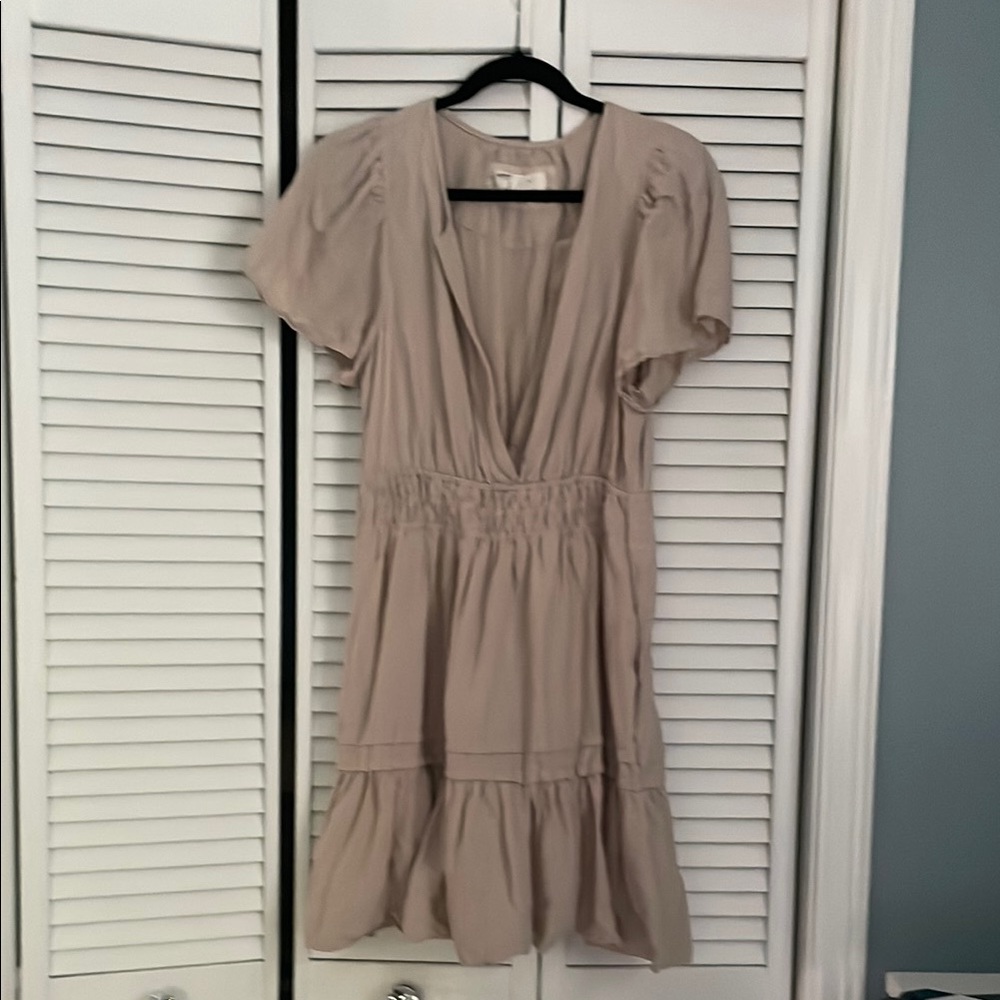 Anthropologie Tan Linen Ruffled Tiered Mini Sundress